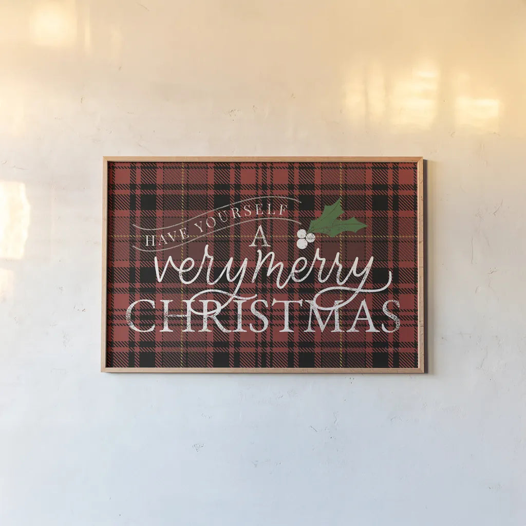 Vintage Christmas IV Plaid by Becky Thorns. shown as a paper print in a natural frame. Available as a archival giclee rolled canvas, fine art paper, or poster print. SKU 73343i.