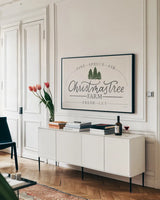 Vintage Christmas Sign I by Becky Thorns. shown as a framed stretched canvas in a living room above a console. Available as a archival giclee rolled canvas, fine art paper, or poster print. SKU 60018i.
