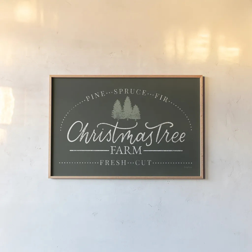 Vintage Christmas Sign I Green by Becky Thorns. shown as a paper print in a natural frame. Available as a archival giclee rolled canvas, fine art paper, or poster print. SKU 60020i.