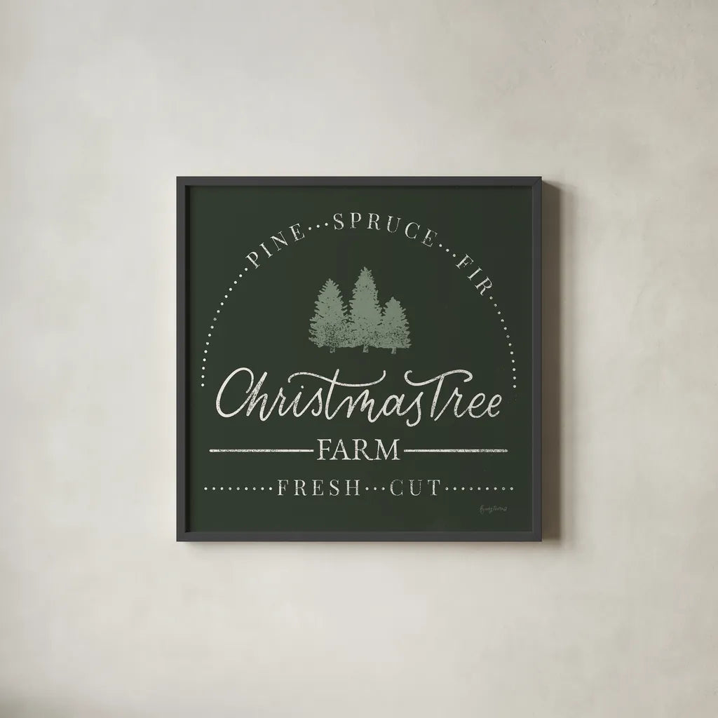 Vintage Christmas Sign I Green Sq by Becky Thorns. Shown in a sleek black glass frame for a contemporary gallery look. Available as an archival giclee rolled canvas, fine art paper, or poster print. SKU 84821a.