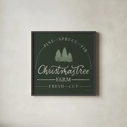 Vintage Christmas Sign I Green Sq by Becky Thorns. Shown in a sleek black glass frame for a contemporary gallery look. Available as an archival giclee rolled canvas, fine art paper, or poster print. SKU 84821a.