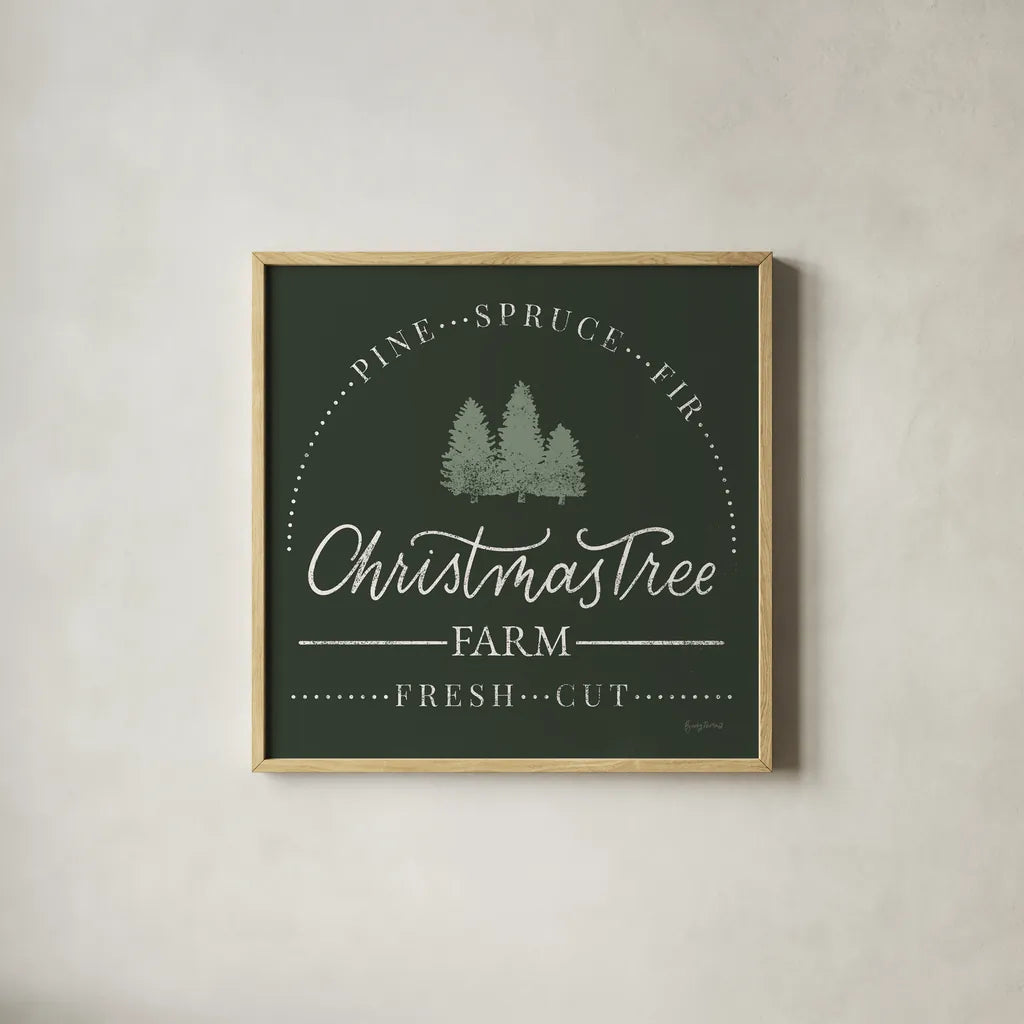 Vintage Christmas Sign I Green Sq by Becky Thorns. Shown in a natural wood glass frame for a timeless modern aesthetic. Available as an archival giclee rolled canvas, fine art paper, or poster print. SKU 84821a.