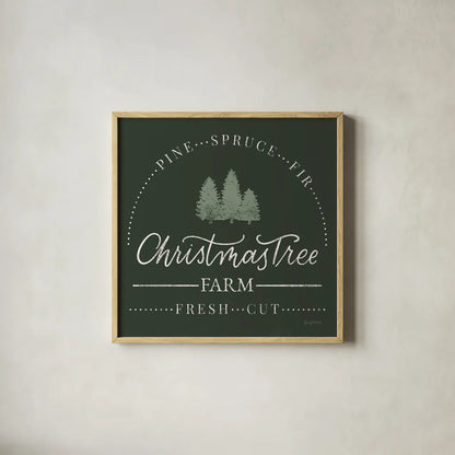 Vintage Christmas Sign I Green Sq by Becky Thorns. Shown in a natural wood glass frame for a timeless modern aesthetic. Available as an archival giclee rolled canvas, fine art paper, or poster print. SKU 84821a.