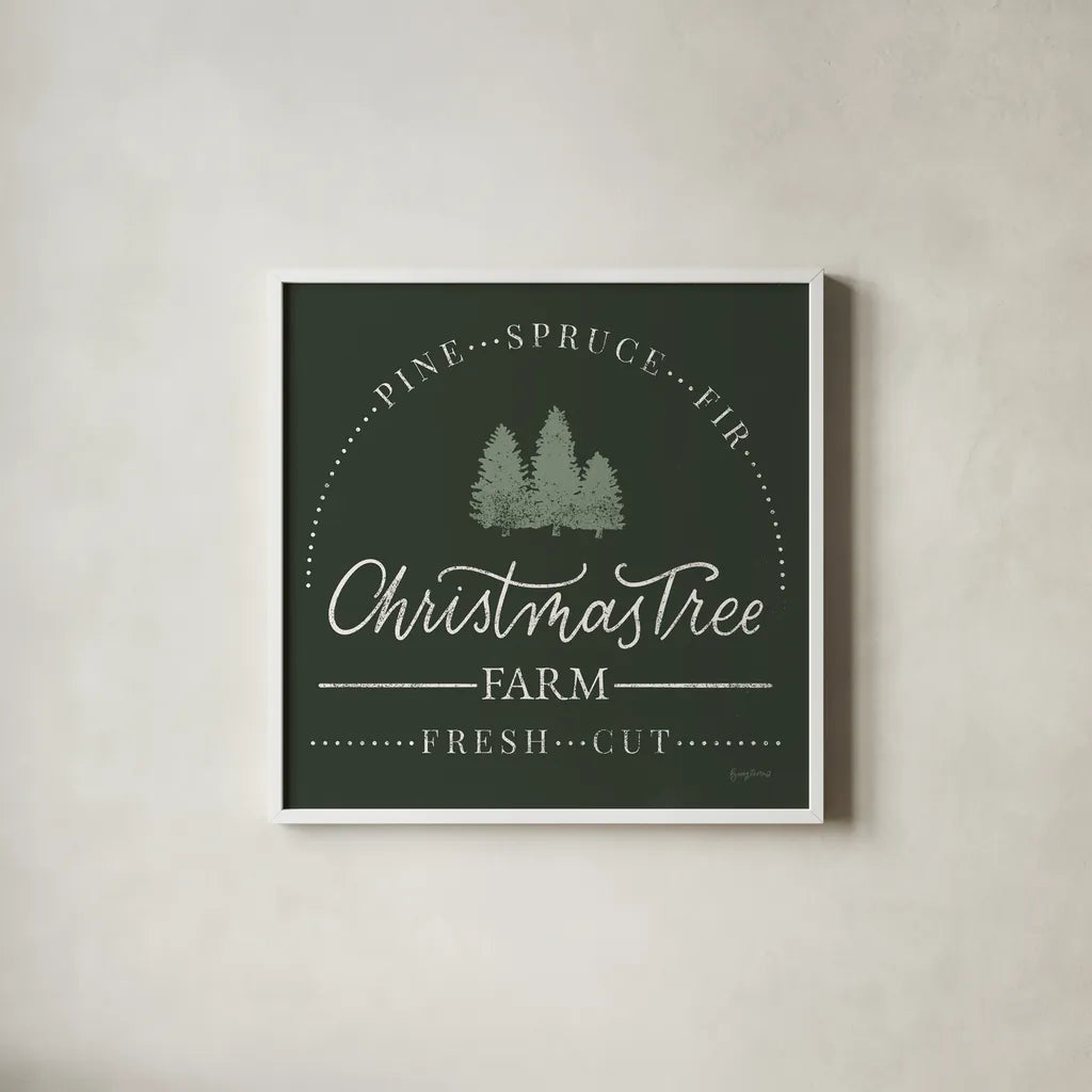 Vintage Christmas Sign I Green Sq by Becky Thorns. Shown in a crisp white glass frame for a clean and minimalist style. Available as an archival giclee rolled canvas, fine art paper, or poster print. SKU 84821a.