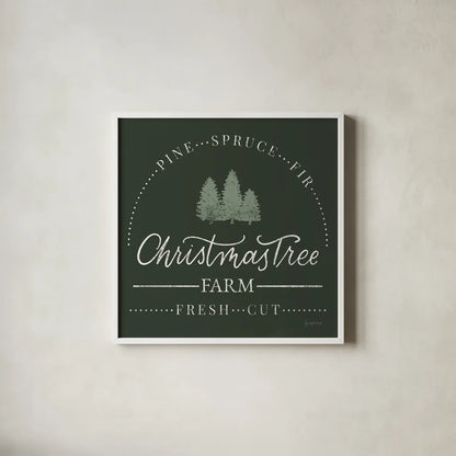 Vintage Christmas Sign I Green Sq by Becky Thorns. Shown in a crisp white glass frame for a clean and minimalist style. Available as an archival giclee rolled canvas, fine art paper, or poster print. SKU 84821a.