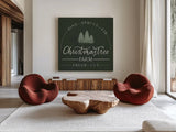 Vintage Christmas Sign I Green Sq by Becky Thorns. Shown as extra-large giant wall art in a modern living room. Available as an archival giclee rolled canvas, fine art paper, or poster print. SKU 84821a.