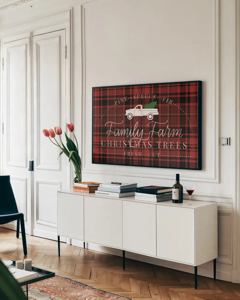 Vintage Christmas VII Plaid by Becky Thorns. shown as a framed stretched canvas in a living room above a console. Available as a archival giclee rolled canvas, fine art paper, or poster print. SKU 73344i.