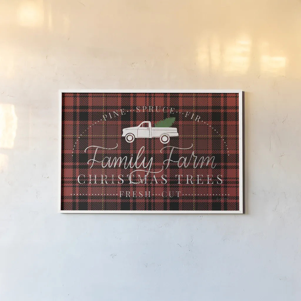 Vintage Christmas VII Plaid by Becky Thorns. shown as a paper print in a white frame. Available as a archival giclee rolled canvas, fine art paper, or poster print. SKU 73344i.