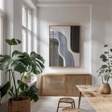 Waterfall Abstract I by Becky Thorns. shown as a print in a natural wood frame in a dining room. Available as a archival giclee rolled canvas, fine art paper, or poster print. SKU 87843h.
