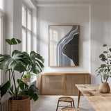 Waterfall Abstract II by Becky Thorns. shown as a print in a natural wood frame in a dining room. Available as a archival giclee rolled canvas, fine art paper, or poster print. SKU 87844h.