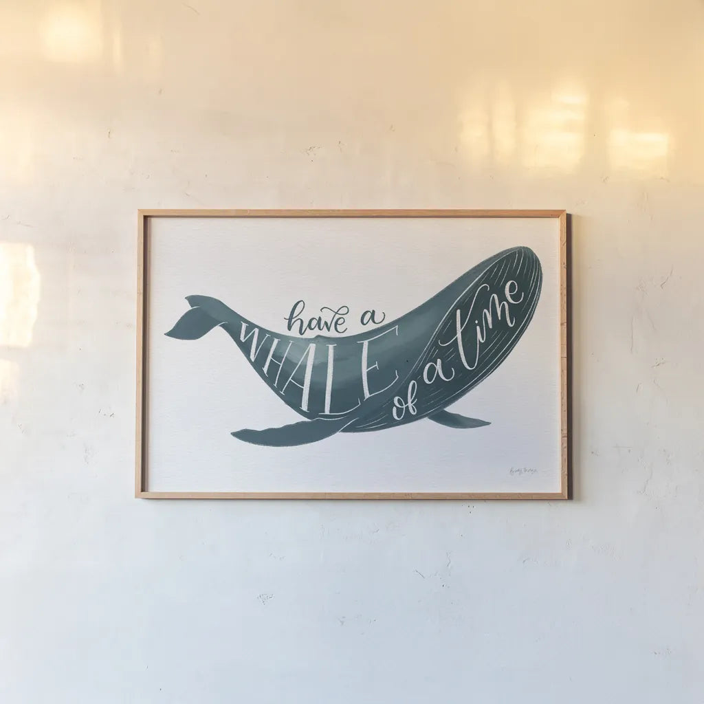 Whale of A Time by Becky Thorns. shown as a paper print in a natural frame. Available as a archival giclee rolled canvas, fine art paper, or poster print. SKU 61410i.