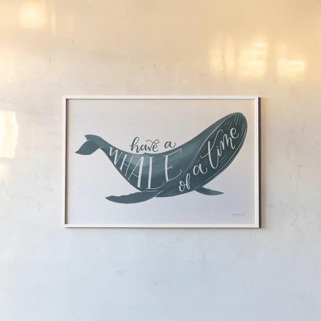 Whale of A Time by Becky Thorns. shown as a paper print in a white frame. Available as a archival giclee rolled canvas, fine art paper, or poster print. SKU 61410i.