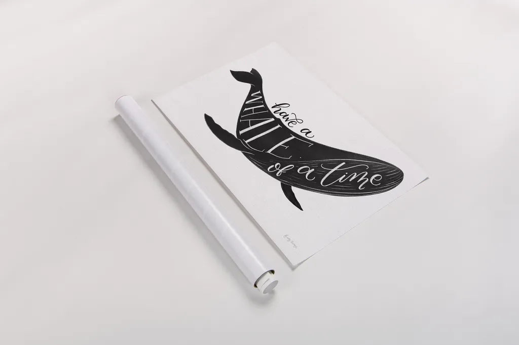 Whale of a Time BW by Becky Thorns. shown as a rolled paper print. Available as archival giclee rolled canvas, fine art paper, or poster print. SKU 61411i.