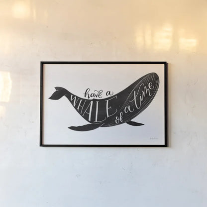 Whale of a Time BW by Becky Thorns. shown as a paper print in a black flame. Available as a archival giclee rolled canvas, fine art paper, or poster print. SKU 61411i.