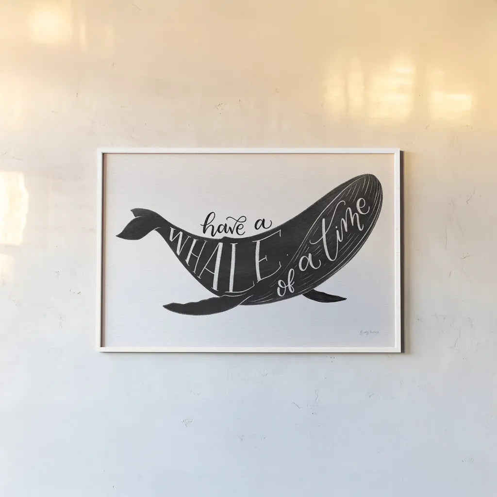 Whale of a Time BW by Becky Thorns. shown as a paper print in a white frame. Available as a archival giclee rolled canvas, fine art paper, or poster print. SKU 61411i.