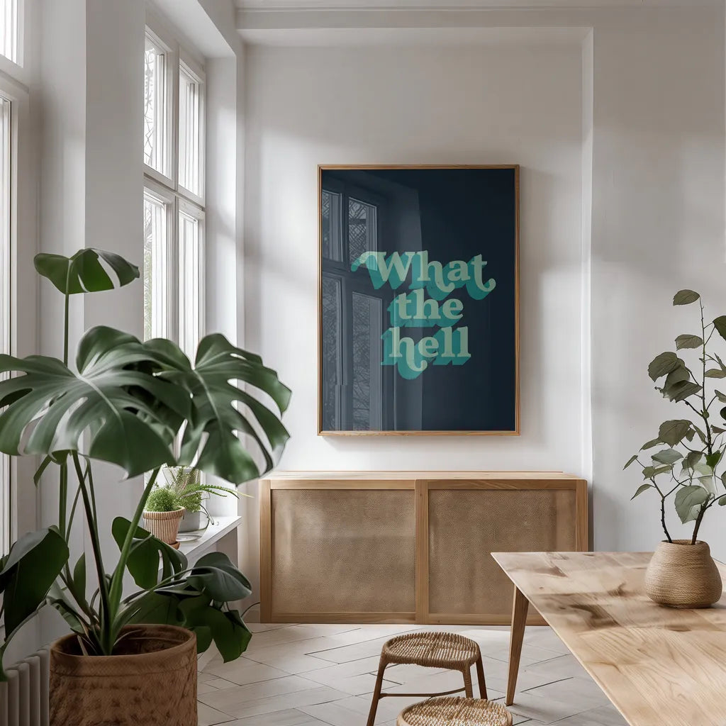 What The by Becky Thorns. shown as a print in a natural wood frame in a dining room. Available as a archival giclee rolled canvas, fine art paper, or poster print. SKU 65169h.