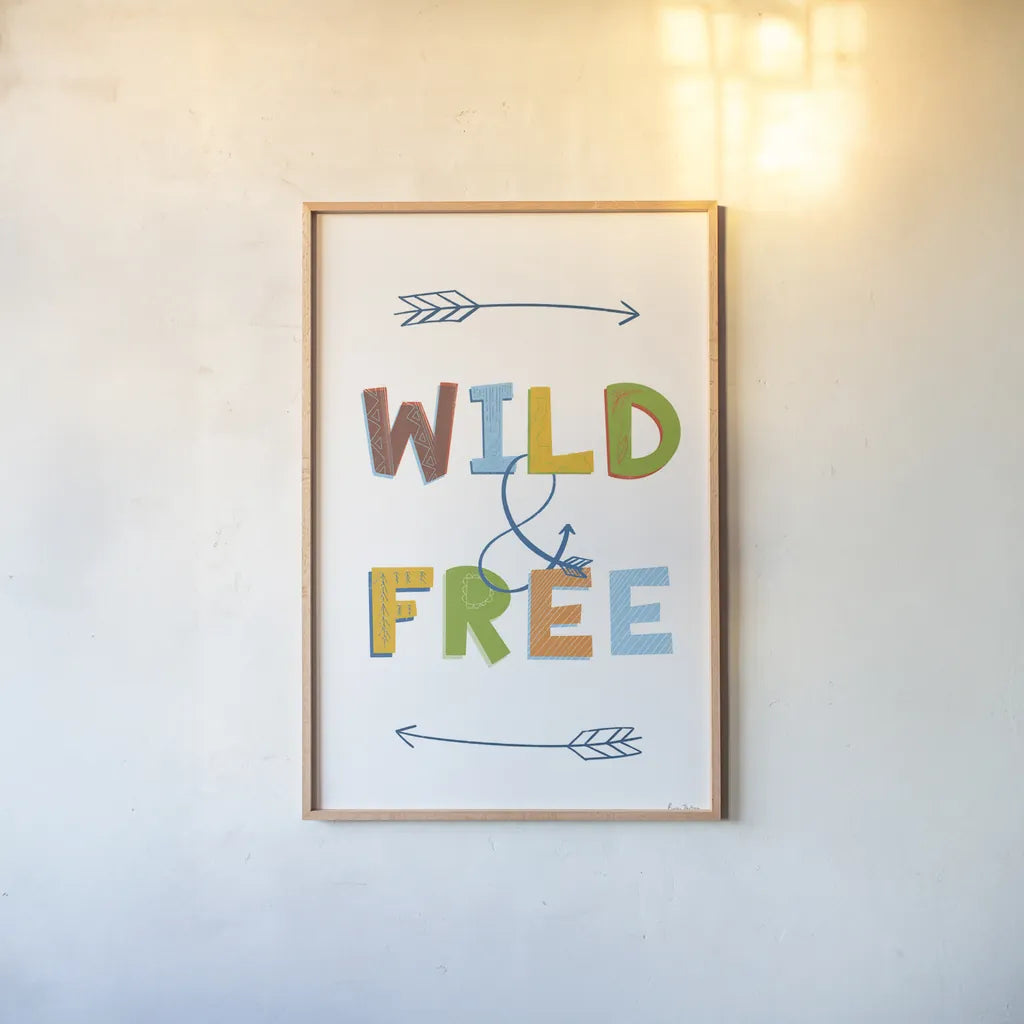Wild and Free by Becky Thorns. shown as a paper print in a natural frame. Available as a archival giclee rolled canvas, fine art paper, or poster print. SKU 59584h.