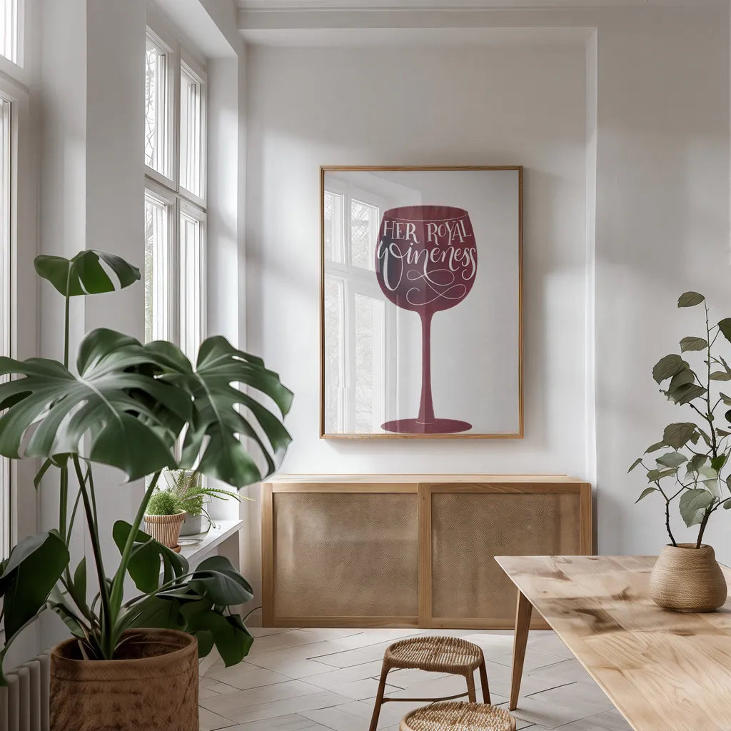 Wineness by Becky Thorns. shown as a print in a natural wood frame in a dining room. Available as a archival giclee rolled canvas, fine art paper, or poster print. SKU 61432h.