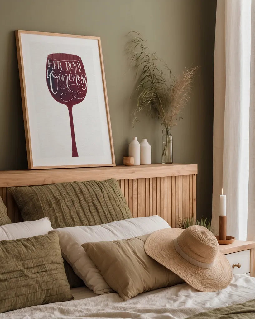 Wineness by Becky Thorns. shown as a paper print in a natural frame. Available as a archival giclee rolled canvas, fine art paper, or poster print. SKU 61432h.