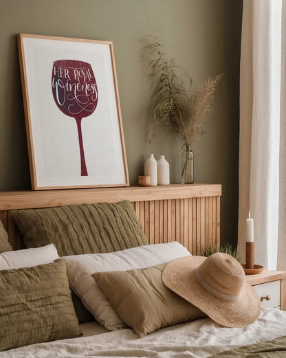 Wineness by Becky Thorns. shown as a paper print in a natural frame. Available as a archival giclee rolled canvas, fine art paper, or poster print. SKU 61432h.