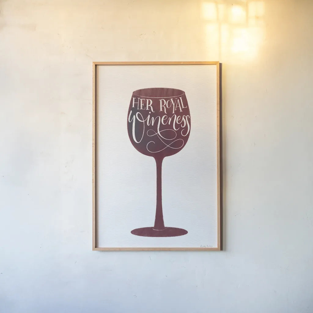 Wineness by Becky Thorns. shown as a paper print in a natural frame. Available as a archival giclee rolled canvas, fine art paper, or poster print. SKU 61432h.