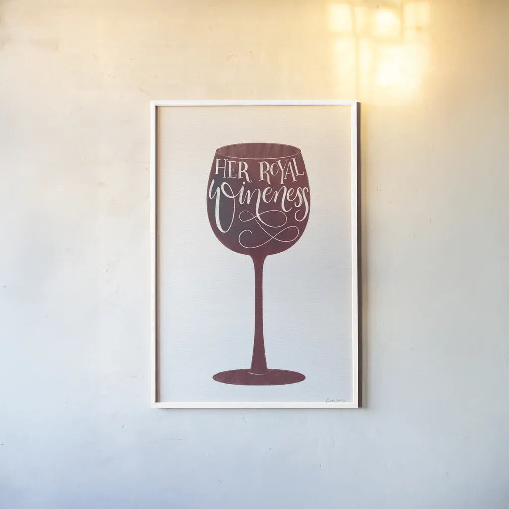 Wineness by Becky Thorns. shown as a paper print in a white frame. Available as a archival giclee rolled canvas, fine art paper, or poster print. SKU 61432h.