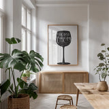 Wineness BW by Becky Thorns. shown as a print in a natural wood frame in a dining room. Available as a archival giclee rolled canvas, fine art paper, or poster print. SKU 61433h.