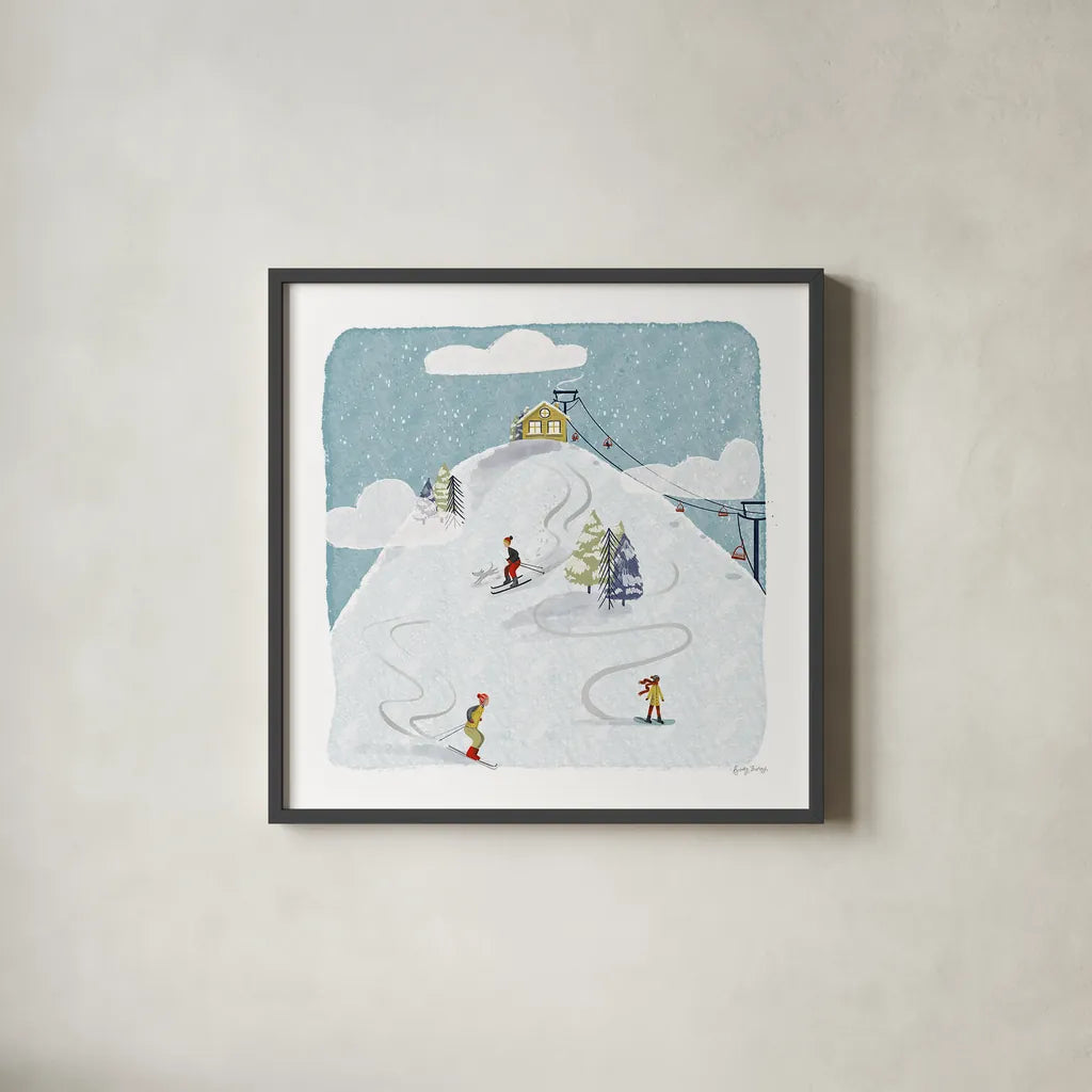Winter Sports I by Becky Thorns. Shown in a sleek black glass frame for a contemporary gallery look. Available as an archival giclee rolled canvas, fine art paper, or poster print. SKU 62707a.