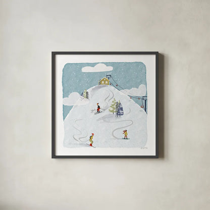 Winter Sports I by Becky Thorns. Shown in a sleek black glass frame for a contemporary gallery look. Available as an archival giclee rolled canvas, fine art paper, or poster print. SKU 62707a.