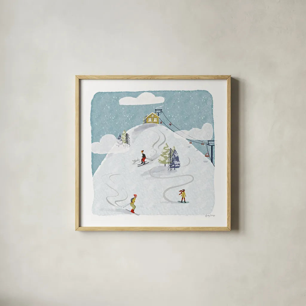 Winter Sports I by Becky Thorns. Shown in a natural wood glass frame for a timeless modern aesthetic. Available as an archival giclee rolled canvas, fine art paper, or poster print. SKU 62707a.