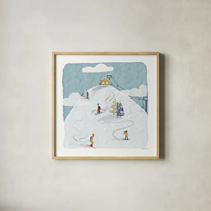 Winter Sports I by Becky Thorns. Shown in a natural wood glass frame for a timeless modern aesthetic. Available as an archival giclee rolled canvas, fine art paper, or poster print. SKU 62707a.