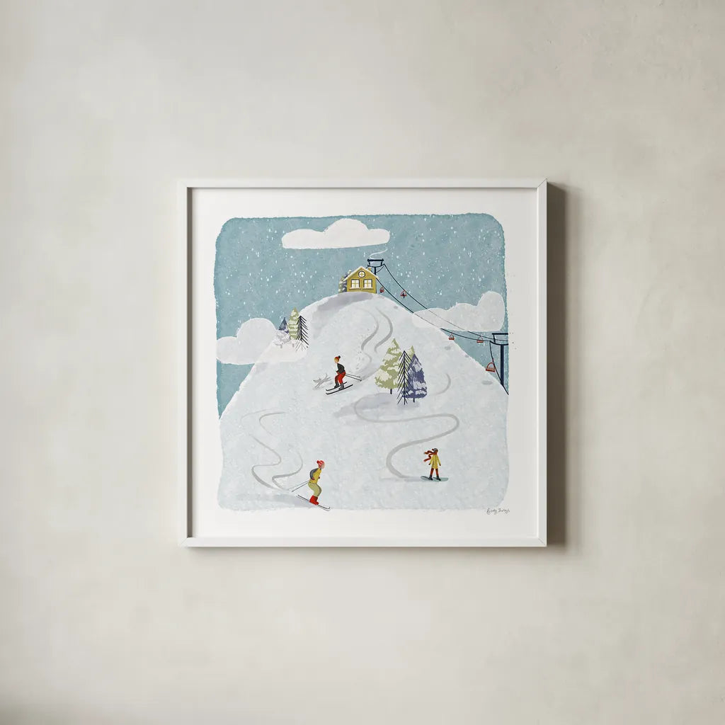 Winter Sports I by Becky Thorns. Shown in a crisp white glass frame for a clean and minimalist style. Available as an archival giclee rolled canvas, fine art paper, or poster print. SKU 62707a.