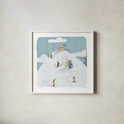 Winter Sports I by Becky Thorns. Shown in a crisp white glass frame for a clean and minimalist style. Available as an archival giclee rolled canvas, fine art paper, or poster print. SKU 62707a.
