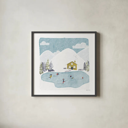 Winter Sports II by Becky Thorns. Shown in a sleek black glass frame for a contemporary gallery look. Available as an archival giclee rolled canvas, fine art paper, or poster print. SKU 62708a.