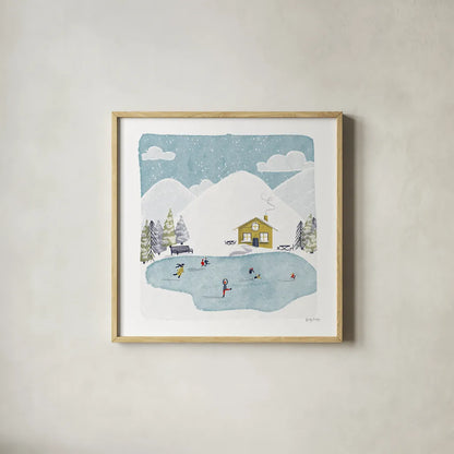 Winter Sports II by Becky Thorns. Shown in a natural wood glass frame for a timeless modern aesthetic. Available as an archival giclee rolled canvas, fine art paper, or poster print. SKU 62708a.