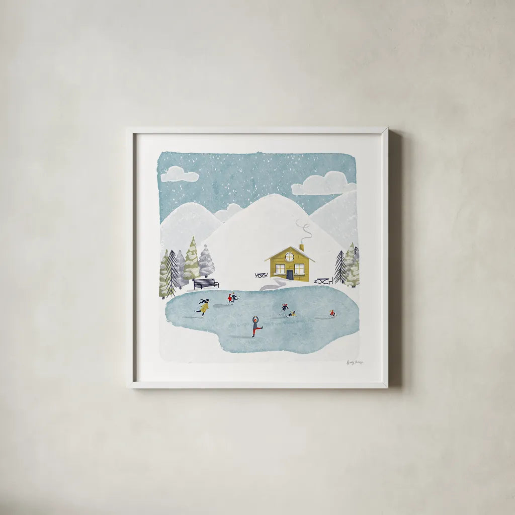 Winter Sports II by Becky Thorns. Shown in a crisp white glass frame for a clean and minimalist style. Available as an archival giclee rolled canvas, fine art paper, or poster print. SKU 62708a.