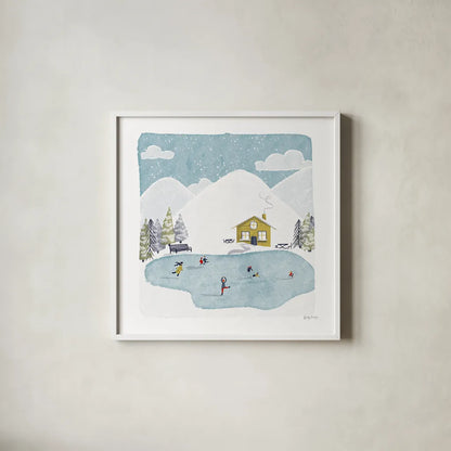 Winter Sports II by Becky Thorns. Shown in a crisp white glass frame for a clean and minimalist style. Available as an archival giclee rolled canvas, fine art paper, or poster print. SKU 62708a.