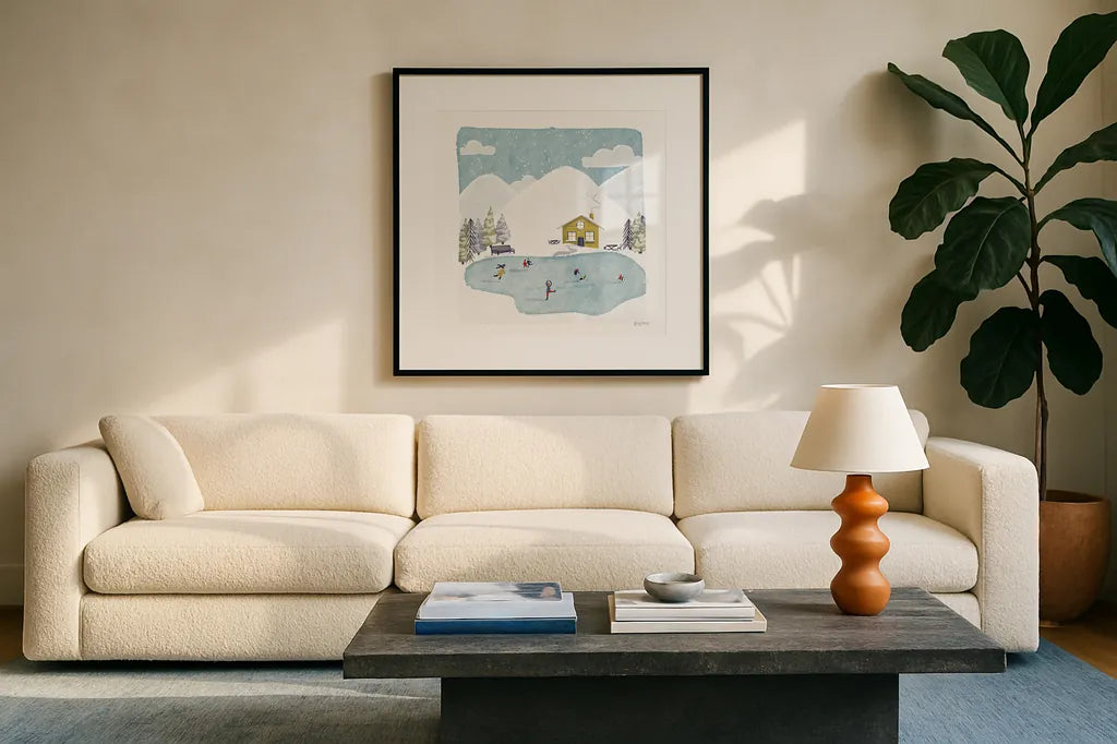 Winter Sports II by Becky Thorns. Displayed in a glass frame with matte in a clean modern living room. Available as an archival giclee rolled canvas, fine art paper, or poster print. SKU 62708a.
