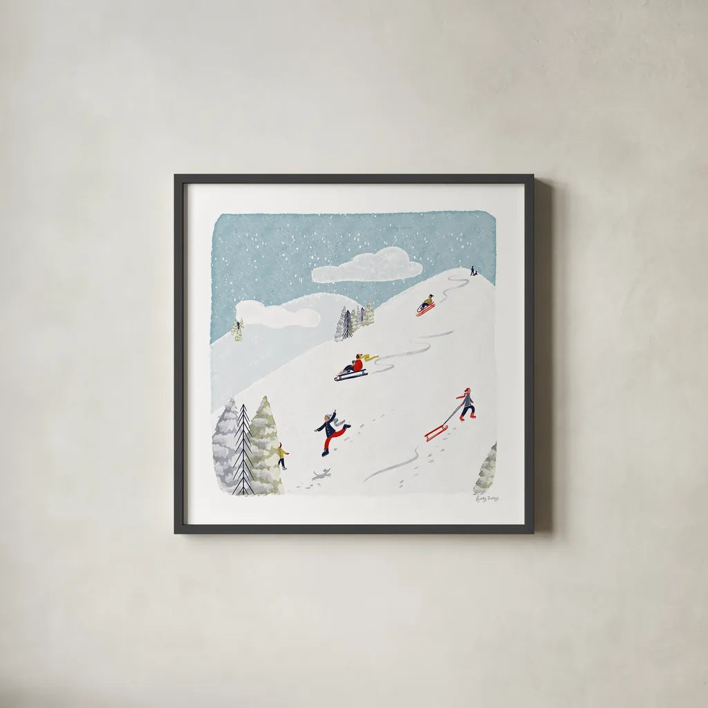 Winter Sports III by Becky Thorns. Shown in a sleek black glass frame for a contemporary gallery look. Available as an archival giclee rolled canvas, fine art paper, or poster print. SKU 62709a.