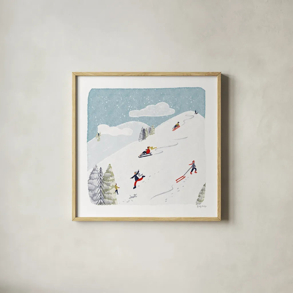Winter Sports III by Becky Thorns. Shown in a natural wood glass frame for a timeless modern aesthetic. Available as an archival giclee rolled canvas, fine art paper, or poster print. SKU 62709a.