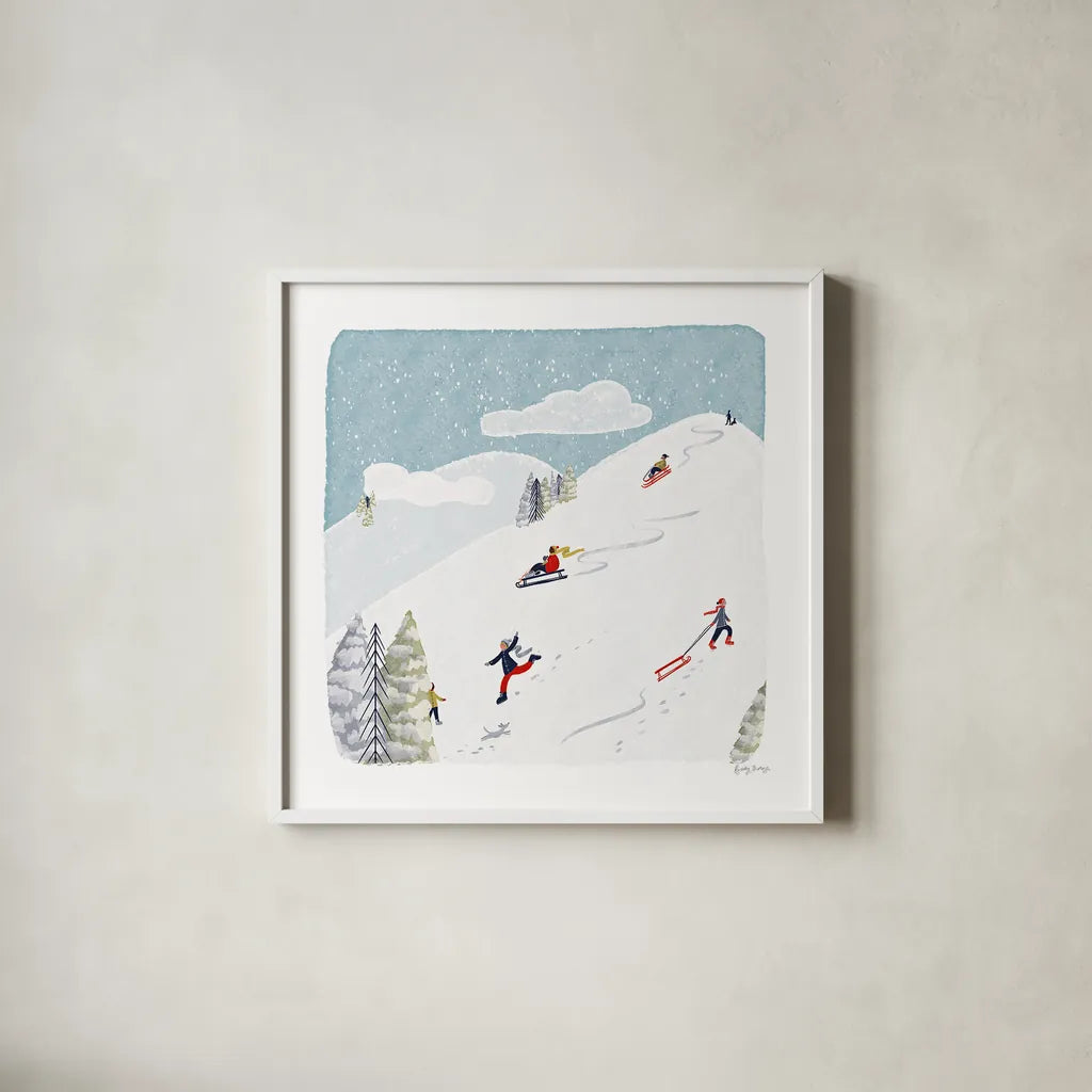 Winter Sports III by Becky Thorns. Shown in a crisp white glass frame for a clean and minimalist style. Available as an archival giclee rolled canvas, fine art paper, or poster print. SKU 62709a.