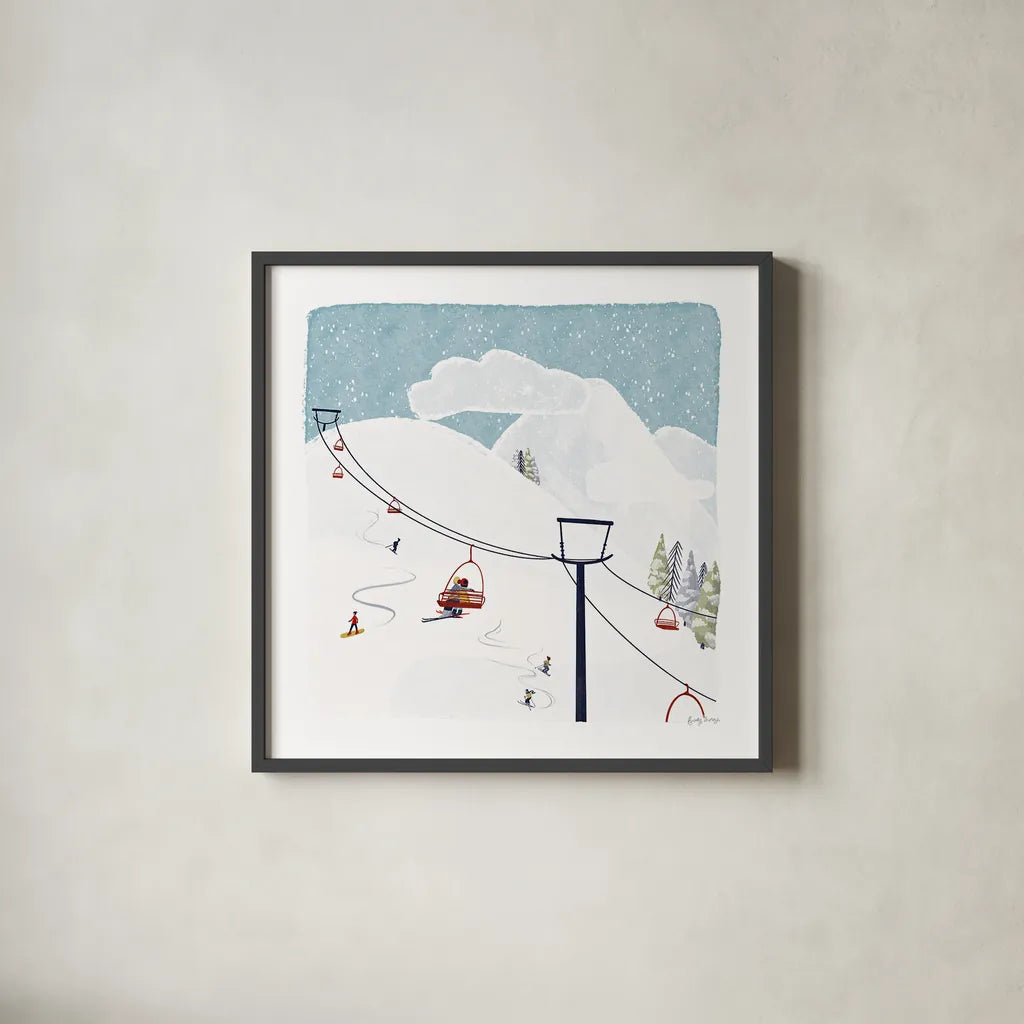 Winter Sports IV by Becky Thorns. Shown in a sleek black glass frame for a contemporary gallery look. Available as an archival giclee rolled canvas, fine art paper, or poster print. SKU 62710a.