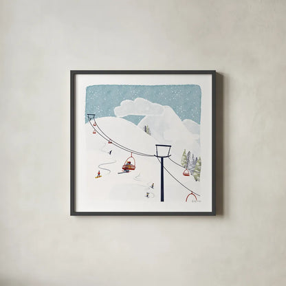 Winter Sports IV by Becky Thorns. Shown in a sleek black glass frame for a contemporary gallery look. Available as an archival giclee rolled canvas, fine art paper, or poster print. SKU 62710a.