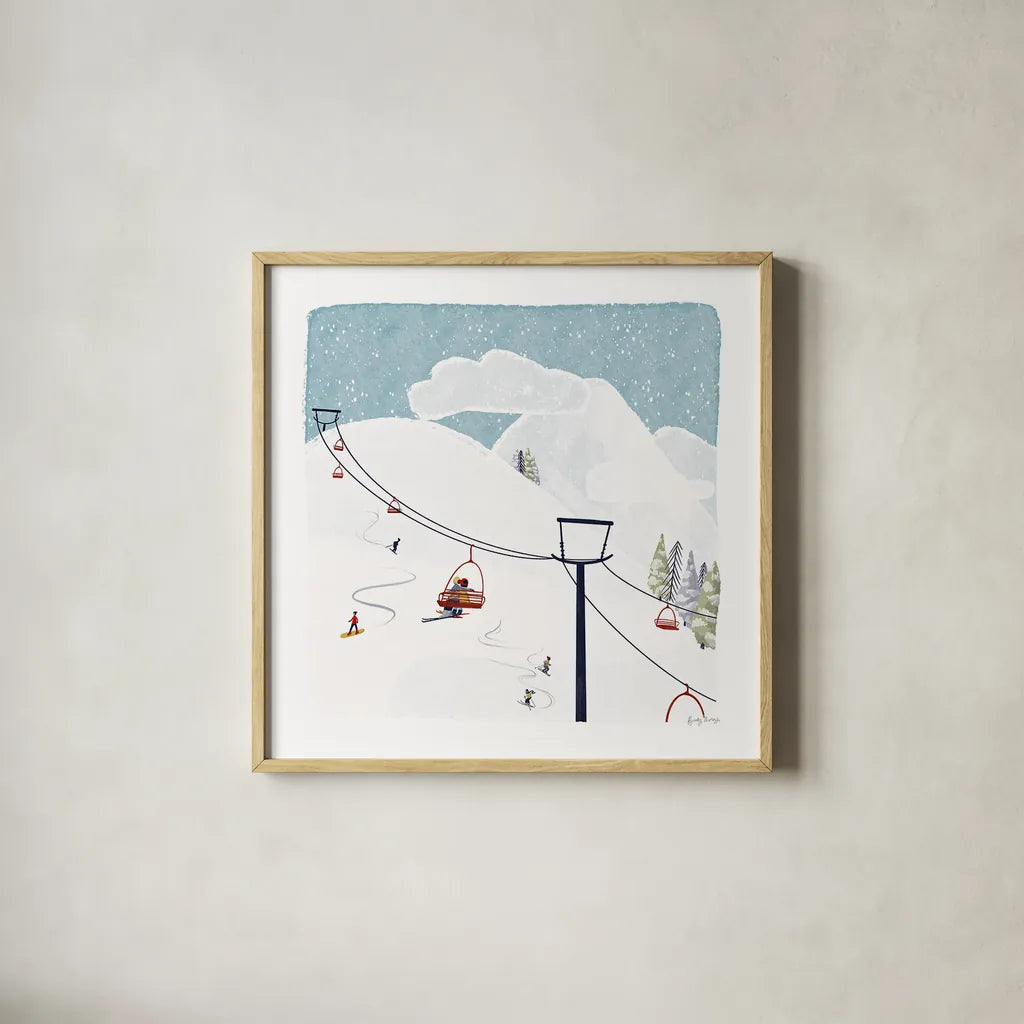 Winter Sports IV by Becky Thorns. Shown in a natural wood glass frame for a timeless modern aesthetic. Available as an archival giclee rolled canvas, fine art paper, or poster print. SKU 62710a.