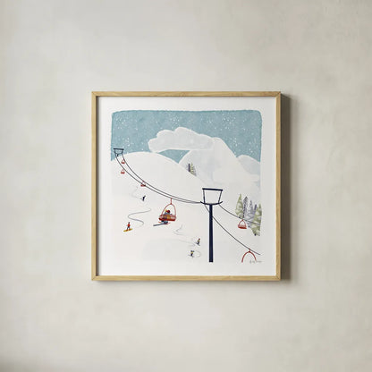Winter Sports IV by Becky Thorns. Shown in a natural wood glass frame for a timeless modern aesthetic. Available as an archival giclee rolled canvas, fine art paper, or poster print. SKU 62710a.