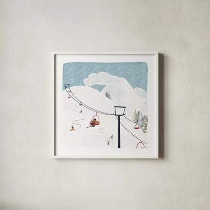 Winter Sports IV by Becky Thorns. Shown in a crisp white glass frame for a clean and minimalist style. Available as an archival giclee rolled canvas, fine art paper, or poster print. SKU 62710a.