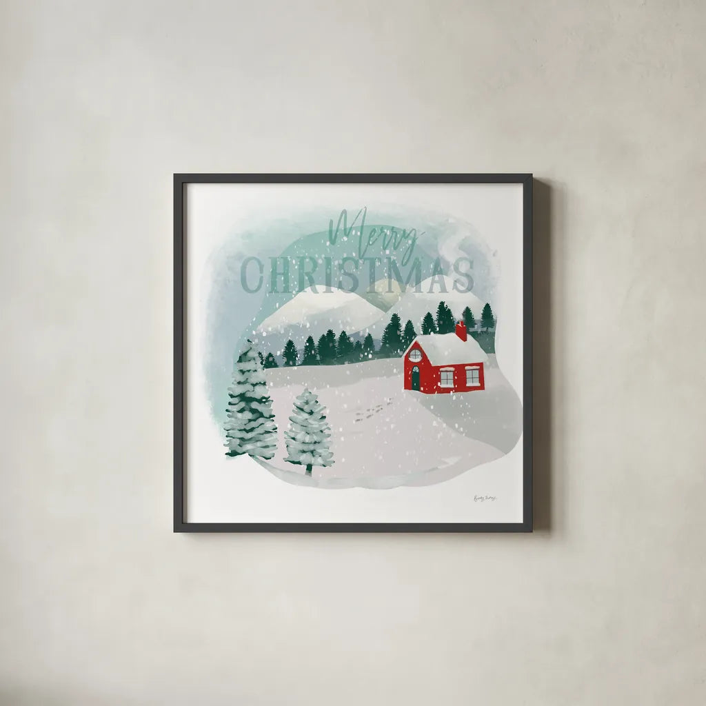 Winter Wonderland III Merry Christmas by Becky Thorns. Shown in a sleek black glass frame for a contemporary gallery look. Available as an archival giclee rolled canvas, fine art paper, or poster print. SKU 59685a.