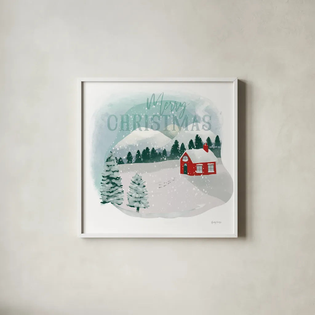 Winter Wonderland III Merry Christmas by Becky Thorns. Shown in a crisp white glass frame for a clean and minimalist style. Available as an archival giclee rolled canvas, fine art paper, or poster print. SKU 59685a.