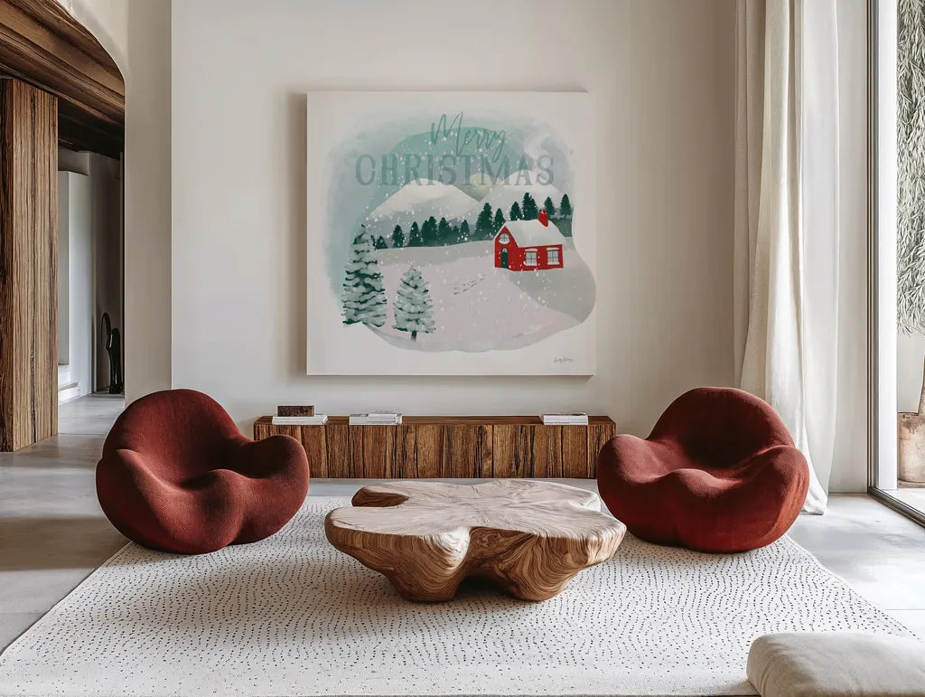 Winter Wonderland III Merry Christmas by Becky Thorns. Shown as extra-large giant wall art in a modern living room. Available as an archival giclee rolled canvas, fine art paper, or poster print. SKU 59685a.