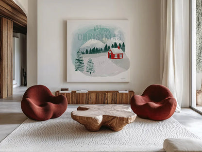 Winter Wonderland III Merry Christmas by Becky Thorns. Shown as extra-large giant wall art in a modern living room. Available as an archival giclee rolled canvas, fine art paper, or poster print. SKU 59685a.